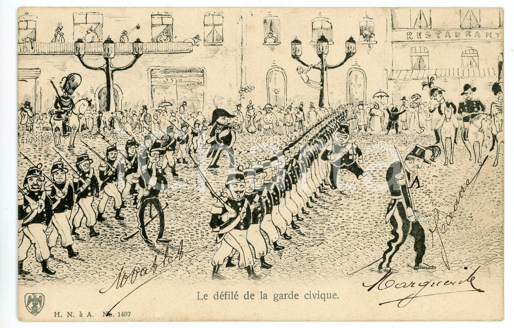 1900 ca BELGIQUE SATIRE Le défilé de la garde civique - Carte postale ILLUSTRÉE  Cartolina d'epoca, viaggiata. FAIR/discreto Lievi smussature agli angoli Formato: FP originale e autentica 1