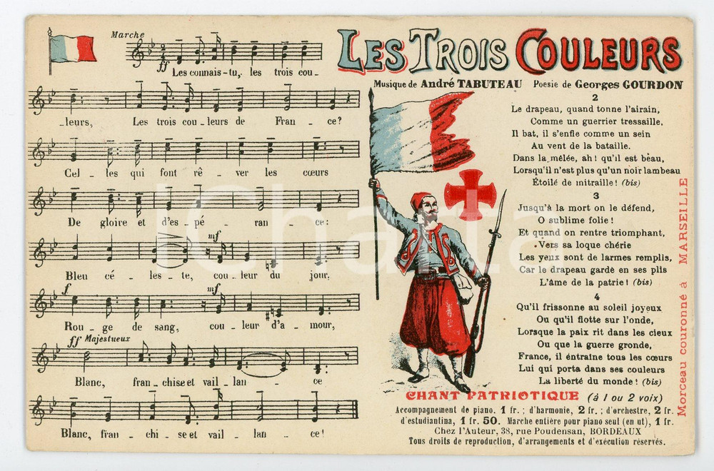 1915 ca FRANCE Les troi couleurs - Chant patriotique - Carte postale ILLUSTRÉE  Cartolina postale d'epoca, non viaggiata. FAIR/discreto Lievi smussature agli angoli Formato: FP originale e autentica 1