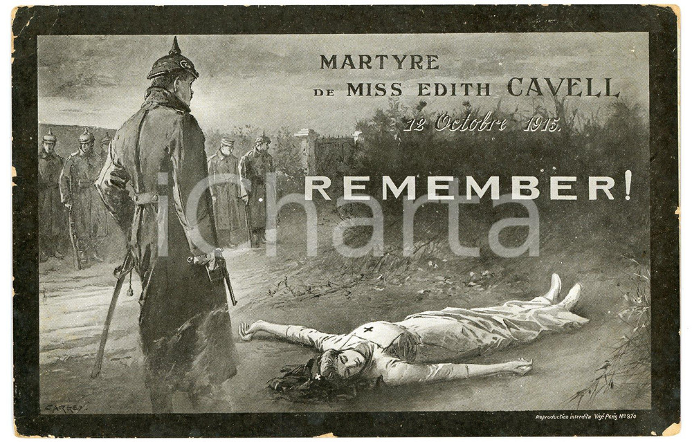 1920ca BELGIQUE Martyre de Miss Edith CAVELL - Carte postale ILLUSTRÉE FP NV Cartolina postale d'epoca, viaggiata.CONDIZIONI: POOR (abrasioni e lievi piegature agli angoli, bruniture diffuse)FORMATO: FP    originale e autentica 1