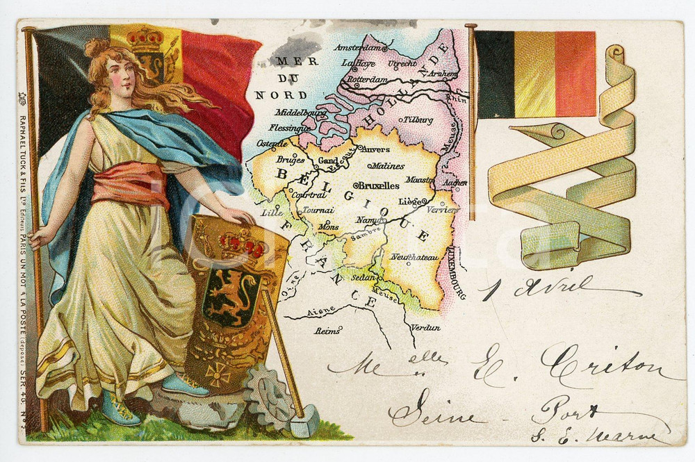 1901 BELGIUM - Flag - Woman - Patriotic illustrated ostcard Raphael TUCK ed.  Cartolina postale d'epoca, viaggiata. FAIR/discreto macchie marginali Formato: 14x9 cm originale e autentica 1