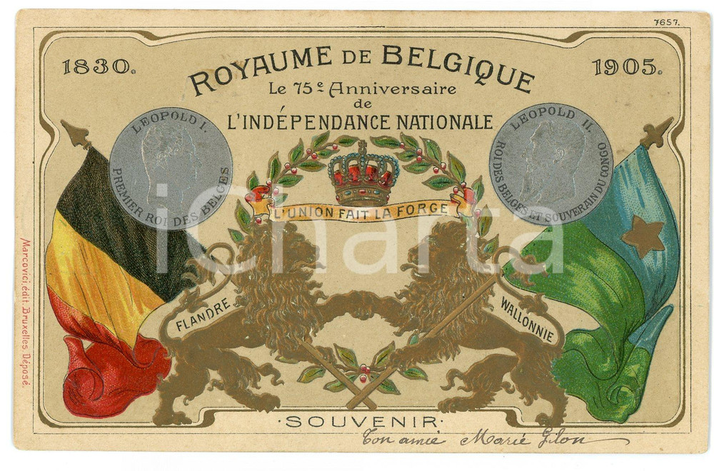1905 ROYAUME DE BELGIQUE - 75e Anniversaire Indépendance *Commemorative postcard  Cartolina postale d'epoca, a rilievo, viaggiata. GOOD/buono  Formato: 14x9 cm originale e autentica 1
