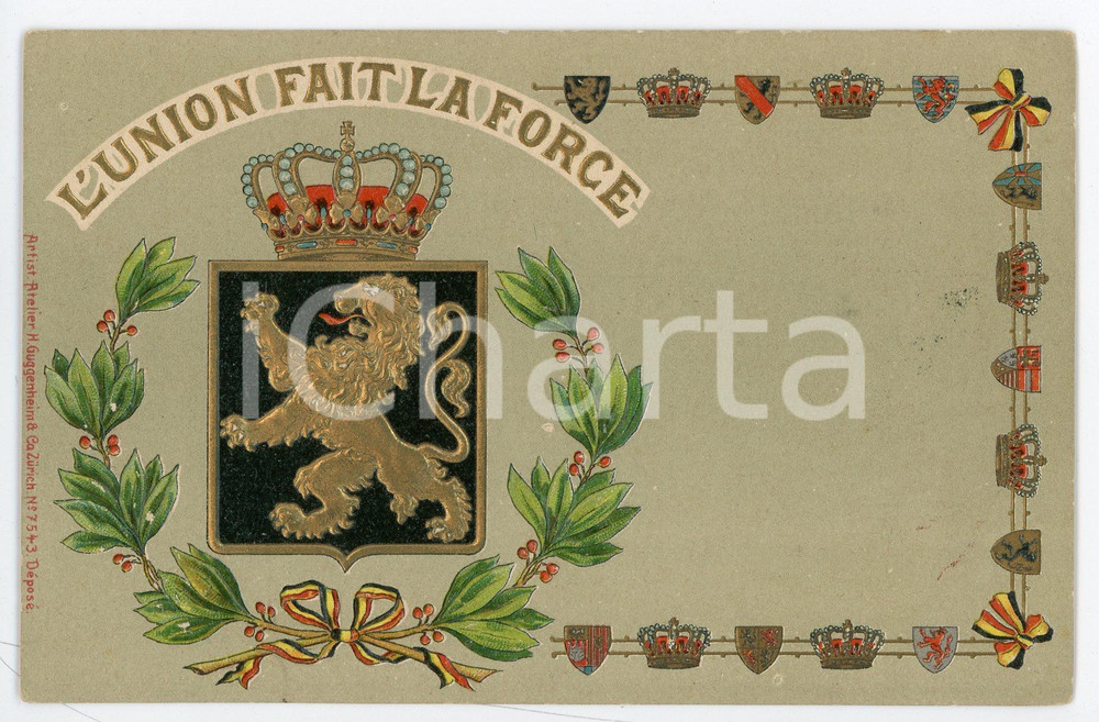 1910 ca BELGIUM Coat of arms - L'union fait la force - Embossed postcard FP NV  Cartolina postale d'epoca, non viaggiata. FAIR/discreto Lievi smussature agli angoli Formato: FP originale e autentica 1