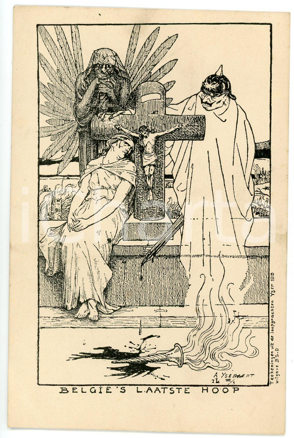 1915 WW1 - BELGIQUE Belgie's laatse hoop - Carte postale ILLUSTRÉE FP NV  Cartolina postale d'epoca,  non viaggiata. FAIR/discreto Lievi smussature agli angoli e piegatura all'angolo inferiore sinistro Formato: FP originale e autentica 1