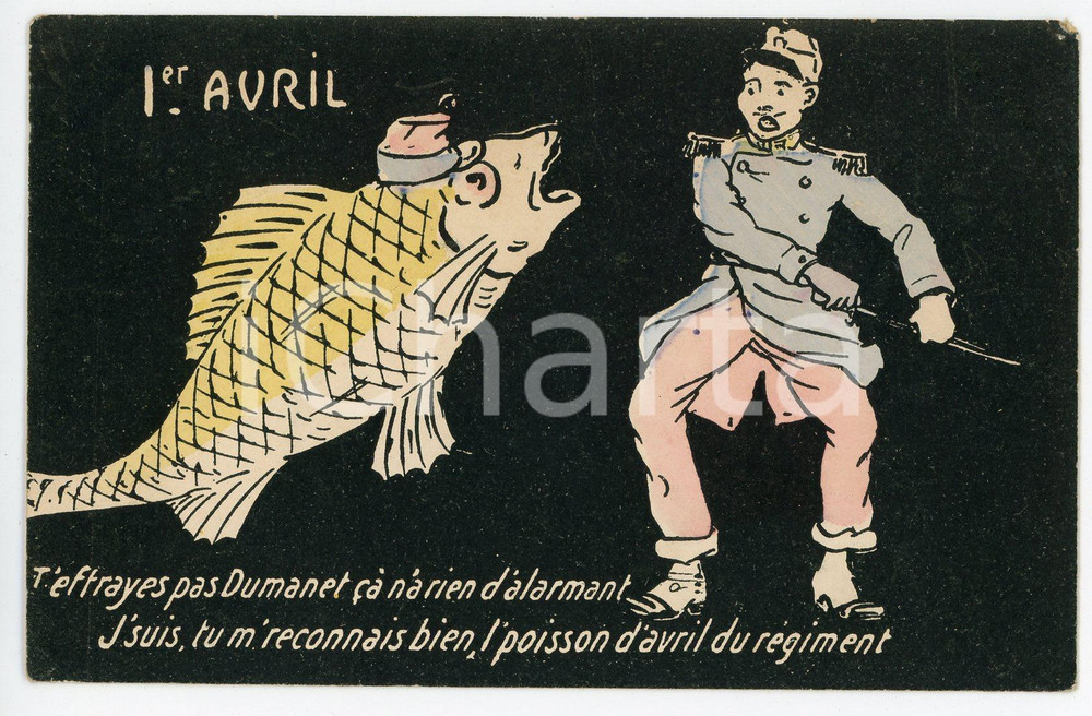 1905 FRANCE 1er AVRIL Le poisson d'avril du regiment - Carte postale ILLUSTRÉE  Cartolina d'epoca, illustrata, viaggiata. FAIR/discreto Lievi smussature agli angoli Formato: FP originale e autentica 1