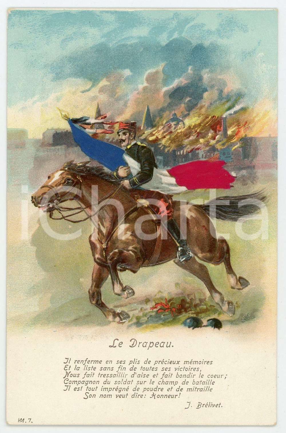 1915 ca WW1 - FRANCE Soldier on horseback - "Le drapeau" by J. Brévilet Postcard  Cartolina postale d'epoca, non viaggiata. FAIR/discreto Lievi piegature agli angoli Formato: FP originale e autentica 1