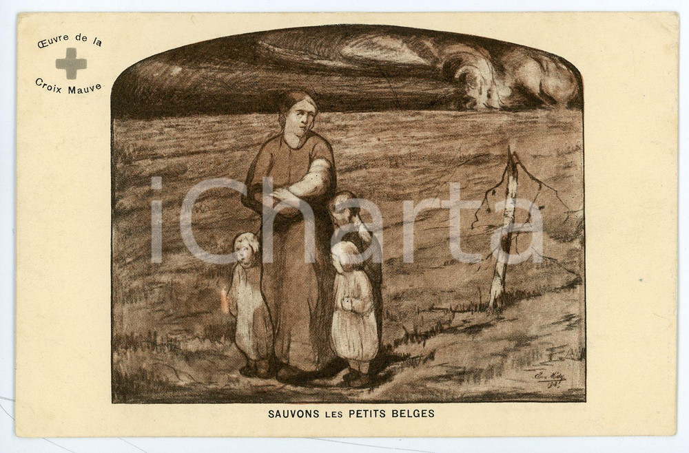 1915 ca WW1 BELGIQUE Croix Mauve - Sauvons les petits belges - Postcard FP NV  Cartolina postale d'epoca, non viaggiata. FAIR/discreto Lievi smussature agli angoli Formato: FP originale e autentica 1