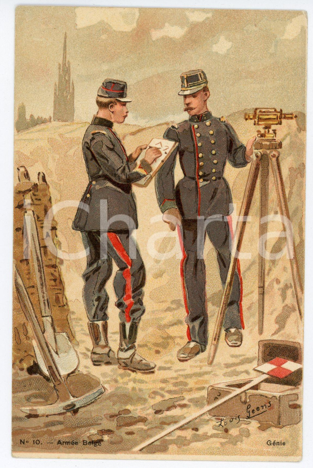 1900 ca BELGIQUE Artist Louis GEENS Armée Belge - Génie - Carte postale FP NV  Cartolina postale d'epoca, non viaggiata. FAIR/discreto Lievi smussature agli angoli Formato: FP originale e autentica 1