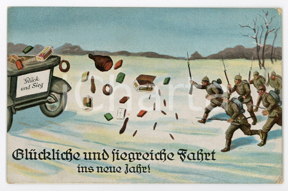 1914 WW1 - HUMOUR Glückliche und siegreiche fahrt ins neue jahre - Postcard FP  Cartolina postale d'epoca, viaggiata. FAIR/discreto Smussature agli angoli e piegature all'angolo inferiore destro Formato: FP originale e autentica 1