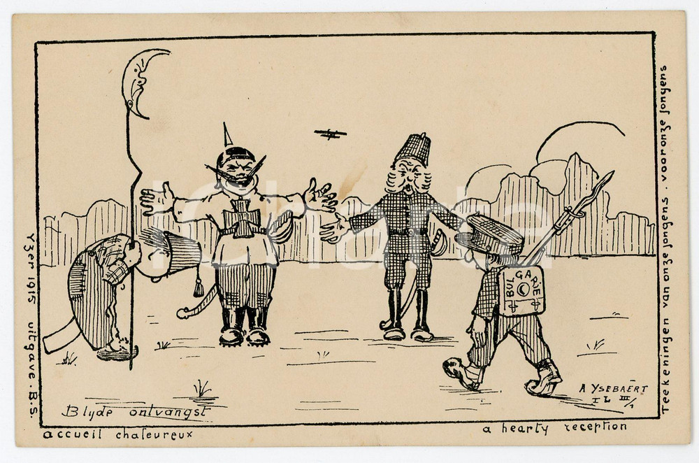 1915 ca WW1 - SATIRE Hearty reception of Bulgaria by Germany- Postcard FP NV  Cartolina postale d'epoca, non viaggiata. FAIR/discreto Lievi smussature agli angoli e aloni al verso Formato: FP originale e autentica 1