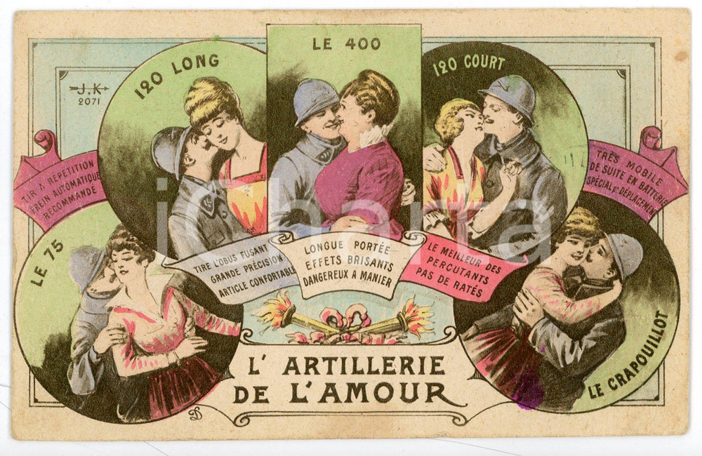 1910 ca FRANCE - HUMOUR L'artillerie de l'amour - Carte postale ILLUSTRÉE FP NV  Cartolina postale d'epoca, non viaggiata ma con nota manoscritta al verso. POOR/danneggiato carta lenta, smussature e piegature agli angoli Formato: FP originale e autentica 1