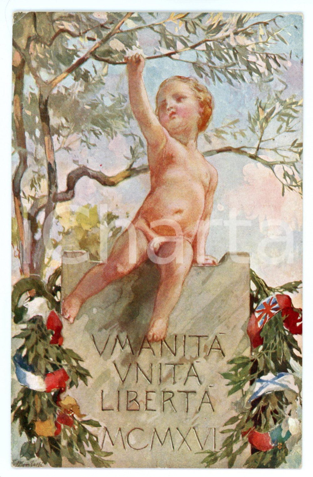 1916 WW1 - Artista Giuseppe MENTESSI Umanità, unità, libertà - Cartolina FP NV  Cartolina postale d'epoca, non viaggiata.Al verso la poesia "Saluto augurale" di Giovanni Bertacchi. FAIR/discreto lievi smussature agli angoli Formato: FP originale e autentica 1
