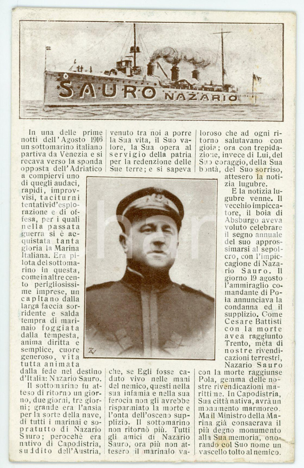 1920 ca IRREDENTISMO Naziario SAURO - Ultima impresa e condanna *Cartolina Cartolina postale, originale d'epoca, non viaggiata. POOR/danneggiato piegatura all'angolo inferiore destro, con minimo strappo Formato: 9x14 cm originale e autentica 1