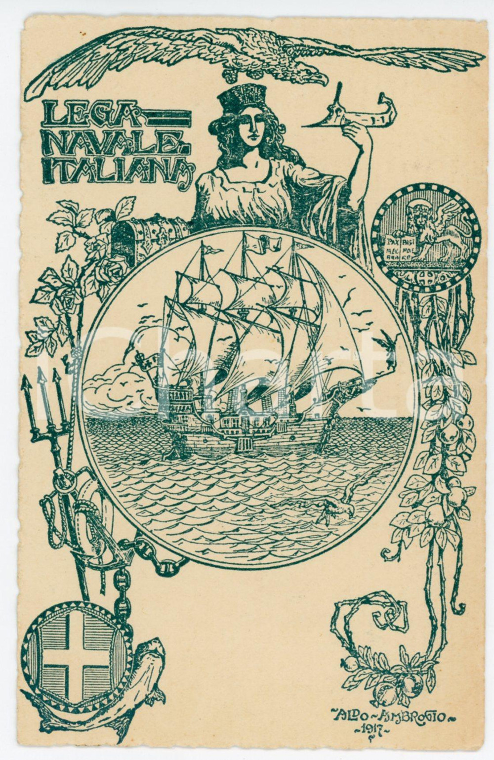 1917 LEGA NAVALE ITALIANA Illustrazione di Aldo AMBROGIO - Cartolina FP NV Cartolina postale d'epoca, non viaggiata.CONDIZIONI: FAIRFORMATO: FP    originale e autentica 1