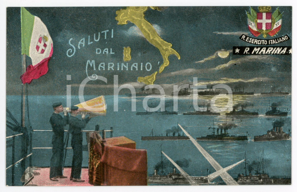 1910 ca REGIA MARINA ITALIANA Saluti dal marinaio - Cartolina ILLUSTRATA FP NV Cartolina postale d'epoca, viaggiata.CONDIZIONI: FAIRFORMATO: FP    originale e autentica 1