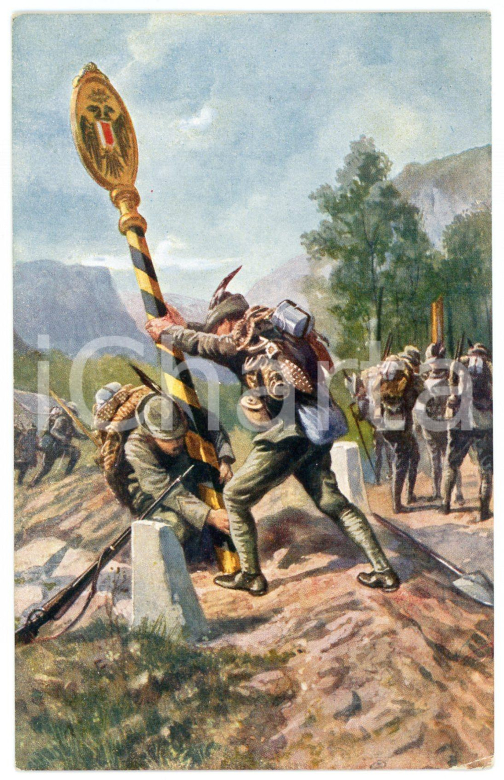 1915 WW1 - GRANDE GUERRA Alpini rimuovono confine austriaco - Cartolina FP NV  Cartolina postale d'epoca, non viaggiata. FAIR/discreto Smussature agli angoli Formato: FP originale e autentica 1