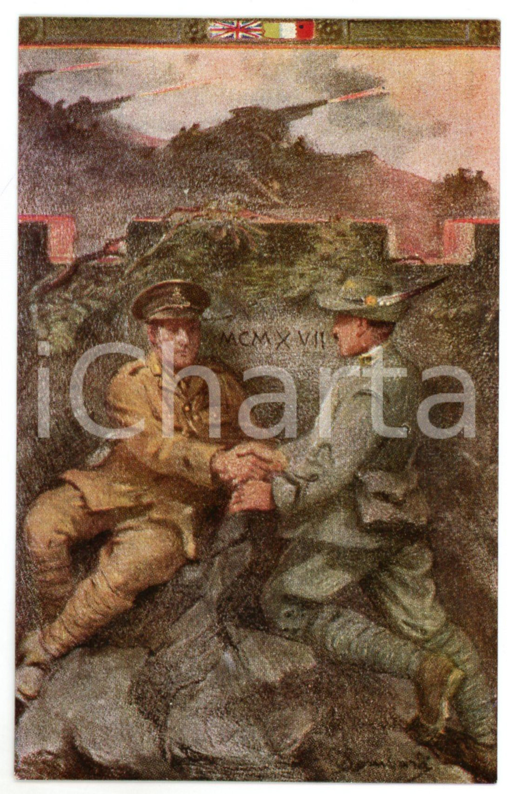 1917 WW1 MILANO Istituto Italo-Britannico - Alpino e soldato inglese - Cartolina  Cartolina d'epoca, non viaggiata.  FAIR/discreto Smussature agli angoli Formato: FP originale e autentica 1