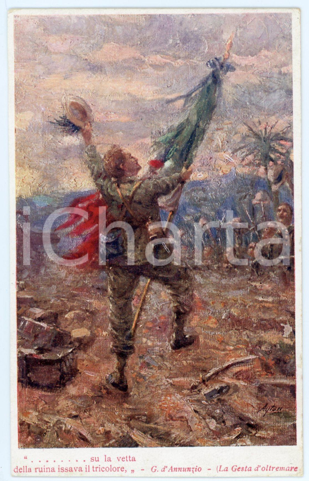 1915 ca WW1 Bersagliere sventola Tricolore - Cartolina ILLUSTRATA FP NV  Cartolina d'epoca, non viaggiata.Con un verso di Gabriele D'Annunzio tratto da "La gesta d'oltremare"  FAIR/discreto Smussature agli angoli Formato: FP originale e autentica 1