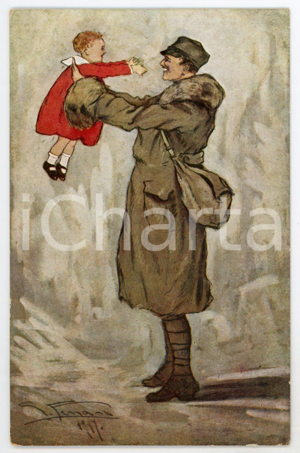 1917 WW1 Artista G. FERRARI Soldato abbraccia bambina - Cartolina FP NV  Cartolina d'epoca, non viaggiata.  FAIR/discreto Lievi smussature agli angoli Formato: FP originale e autentica 1