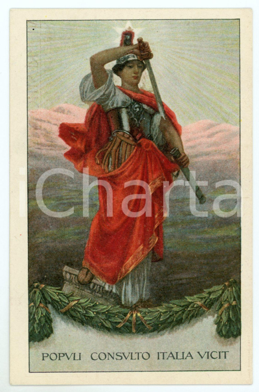 1915 ca WW1 - VI Prestito Nazionale - Populi consulto Italia vicit - Cartolina  Cartolina postale d'epoca, non viaggiata. POOR/danneggiato Lievi smussature agli angoli e abrasione al verso Formato: FP originale e autentica 1