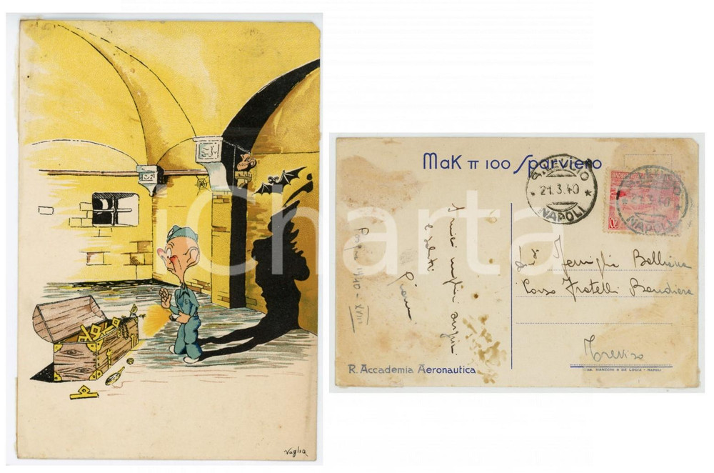 1940 MAK P 100 SPARVIERO Regia Accademia Aeronautica - Ill. di VAGLIA Cartolina  Cartolina postale d'epoca, viaggiata.Illustrazione di Vaglia.CONDIZIONI: POOR (smussature agli angoli, residui di incollatura al verso)FORMATO: FG    originale e autentica 1