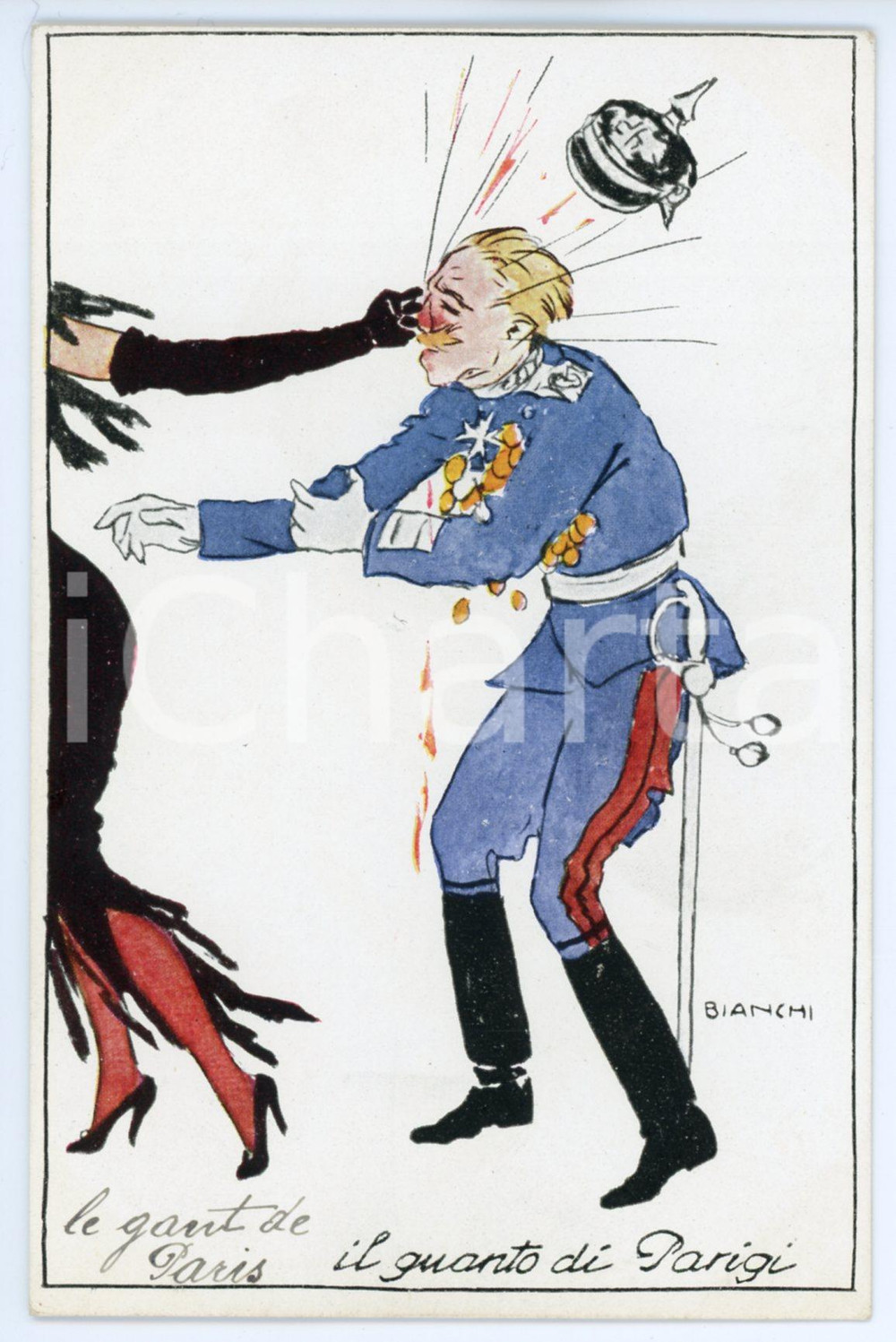 1917 WW1 - SATIRA Il guanto di Parigi - Illustratore BIANCHI Cartolina FP NV  Cartolina postale d'epoca, non viaggiata ma con testo manoscritto al verso. FAIR/discreto Lievi smussature agli angoli Formato: FP originale e autentica 1