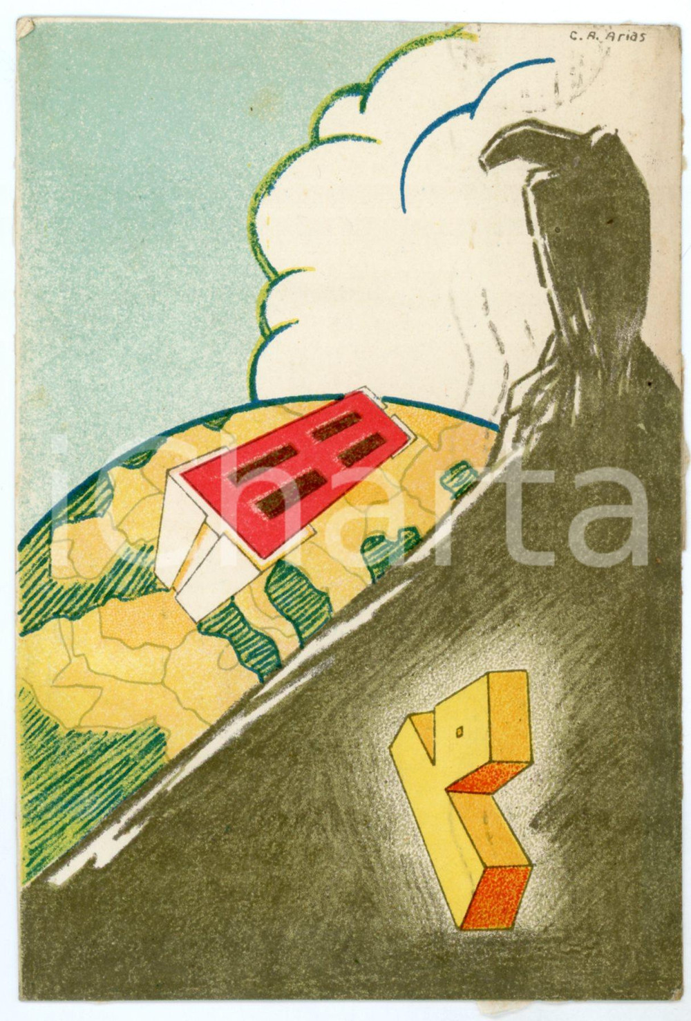 1939 MAK P 100 Regia Accademia Aeronautica - Ill. C. A. ARIAS - Cartolina FG VG  Cartolina postale d'epoca, viaggiata.CONDIZIONI: FAIR (strato di carta velina al verso)FORMATO: FG    originale e autentica 1
