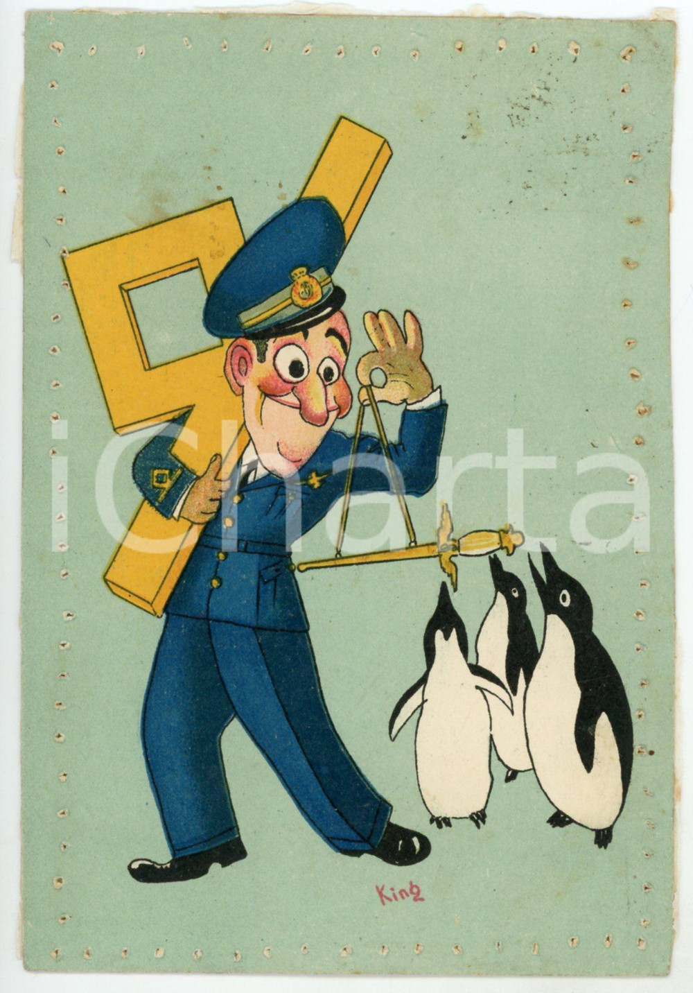 1939 MAK P 100 Regia Accademia Aeronautica REX Illustrazione di KING Cartolina  Cartolina postale d'epoca, viaggiata.CONDIZIONI: POOR (residuo di incollatura al verso, foratura manuale decorativa lungo i bordi)FORMATO: FG    originale e autentica 1