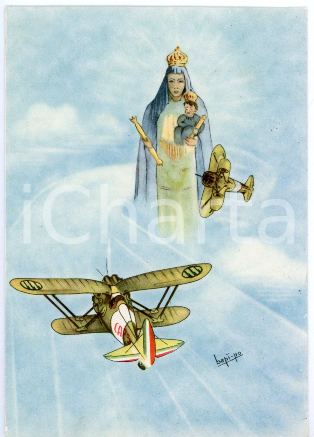 1942 MAK P 100 Corso VULCANO Madonna protegge gli aviatori - Cartolina FG NV  Cartolina postale d'epoca, non viaggiata.Illustrazione di Bepi-po.CONDIZIONI: FAIRFORMATO: FG    originale e autentica 1