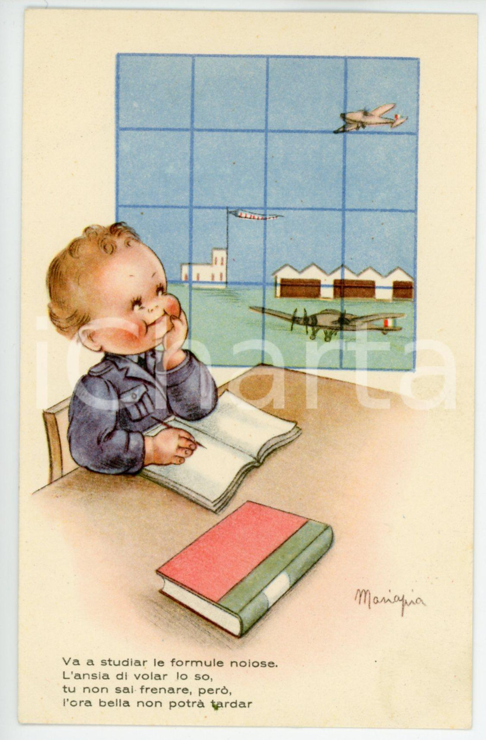 1942 REGIA AERONAUTICA Va a studiar le formule noiose - Ill. MARIAPIA Cartolina  Cartolina postale d'epoca, non viaggiata.CONDIZIONI: FAIRFORMATO: FP    originale e autentica 1