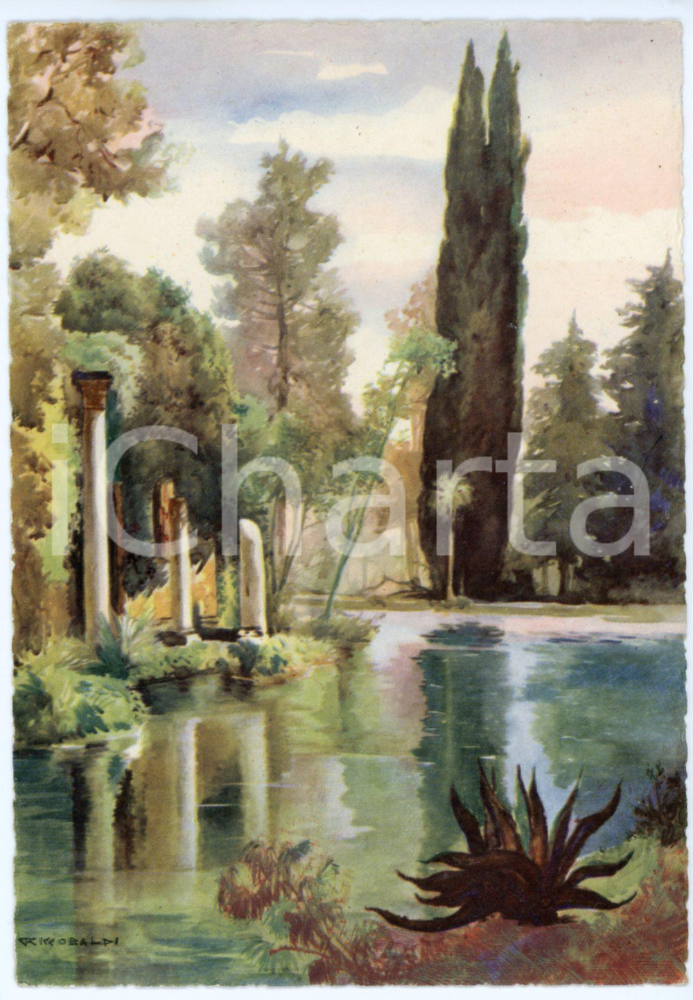 1942 CASERTA Regia Accademia Aeronautica - Laghetto del Giardino Reale CARTOLINA  Cartolina postale d'epoca, non viaggiata.Illustrazione di Riccobaldi.CONDIZIONI: fairFORMATO: FG    originale e autentica 1