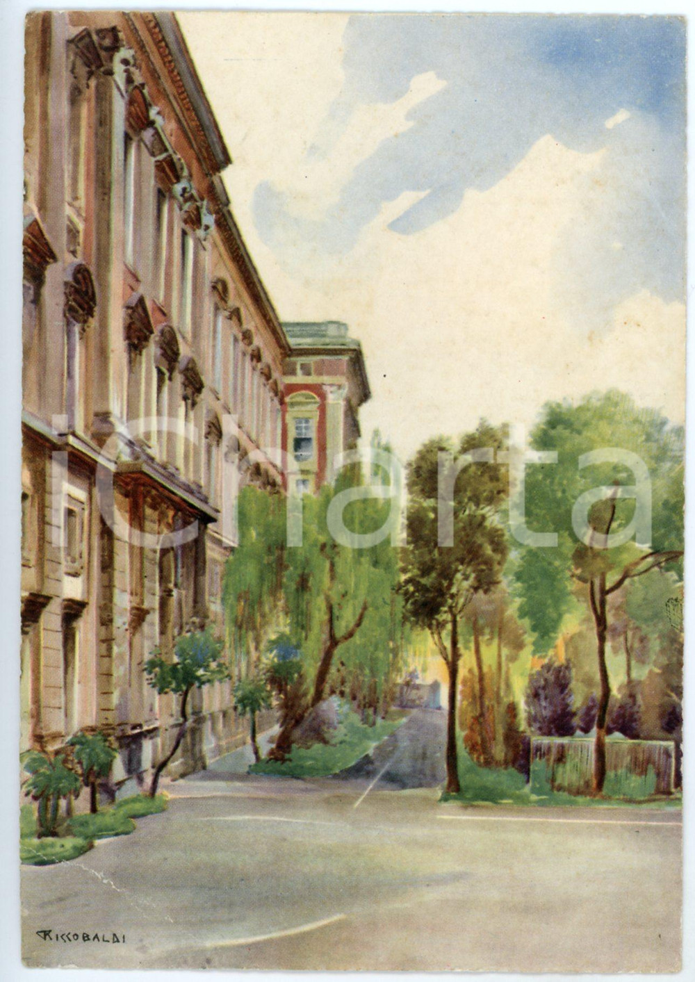 1942 CASERTA Regia Accademia Aeronautica - Angolo di giardino - Cartolina FG NV  Cartolina postale d'epoca, non viaggiata.Illustrazione di Riccobaldi.CONDIZIONI: POOR (profonda piegatura all'angolo inferiore sinistro)FORMATO: FG    originale e autentica 1