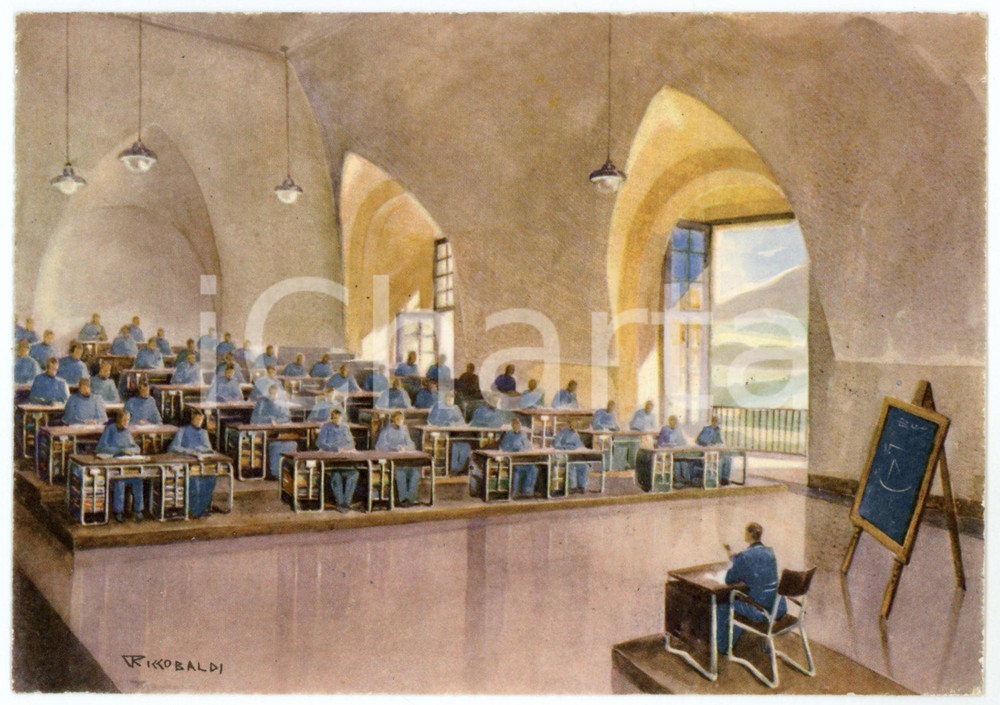 1942 CASERTA Regia Accademia Aeronautica - Aula di studio - Cartolina FG NV  Cartolina postale d'epoca, non viaggiata.Illustrazione di Riccobaldi.CONDIZIONI: fairFORMATO: FG    originale e autentica 1