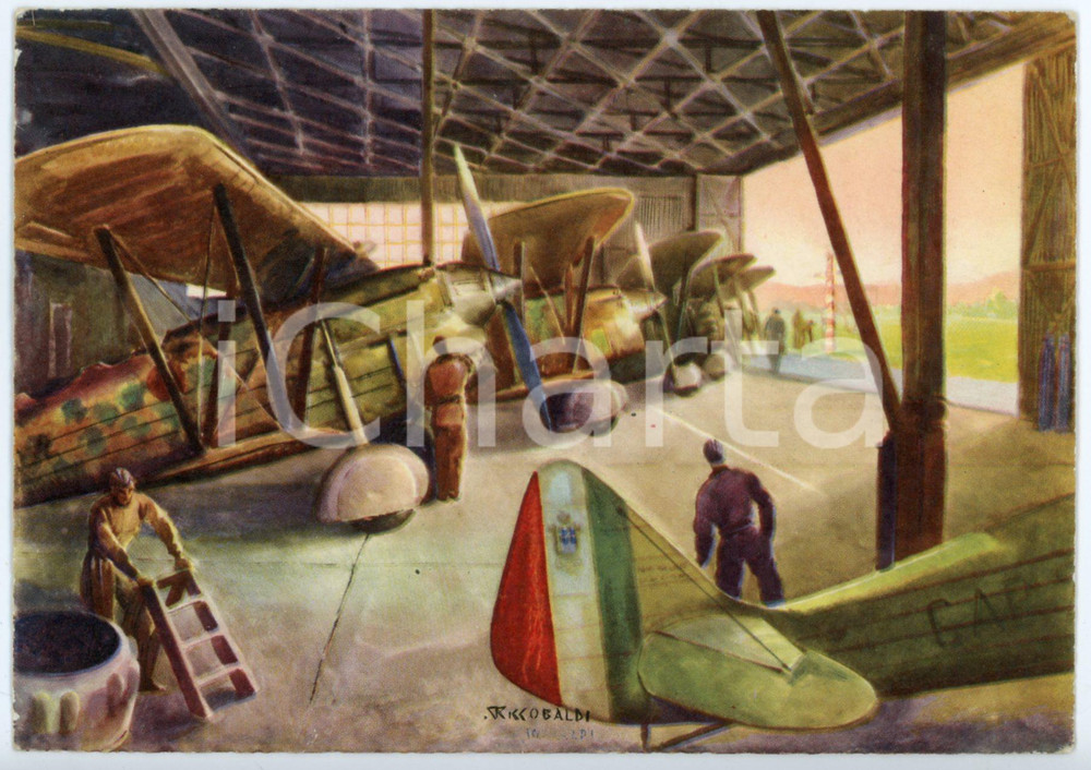 1942 CASERTA Regia Accademia Aeronautica - Aviorimessa - Cartolina FG NV  Cartolina postale d'epoca, non viaggiata.Illustrazione di Riccobaldi.CONDIZIONI: FAIRFORMATO: FG    originale e autentica 1