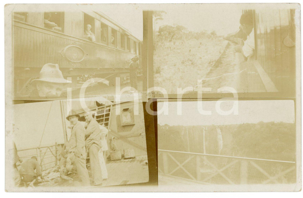 1930 ca CONGO BELGE Belgian man traveling with train and ship - Photo 13x9 cm Fotografia d'epoca in formato cartolina postale, non viaggiata. FAIR/discreto Lievi smussature agli angoli, margini rifilati a mano Formato: 13x9 originale e autentica 1