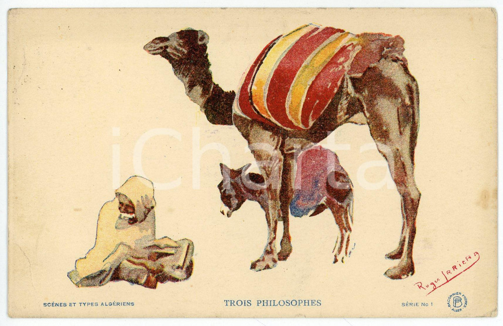Cartolina originale da collezione 1929 ALGÃ‰RIE Trois philosophes  IllustrÃ©e par Roger IRRIERA Carte postale FP VG 1