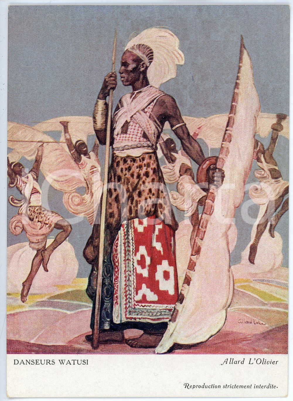 1931 CONGO BELGE Artist Fernand ALLARD L'OLIVIER Danseurs watusi - Postcard Cartolina d'epoca, non viaggiata. FAIR/discreto Lievi smussature agli angoli Formato: FG originale e autentica 1