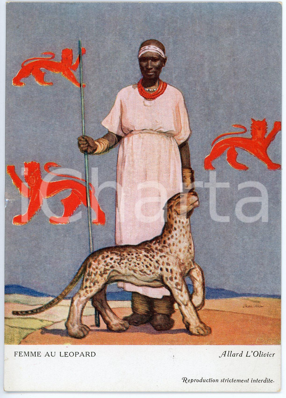 1931 CONGO BELGE Fernand ALLARD L'OLIVIER Femme au leopard - Postcard FG NV 1 Cartolina d'epoca, non viaggiata.EDITORE: La Loterie Coloniale FAIR/discreto Lievi smussature agli angoli Formato: FG originale e autentica 1