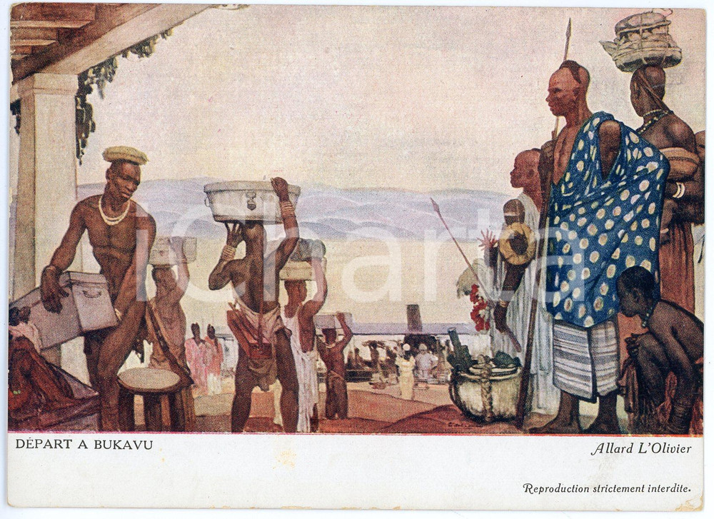 1931 CONGO BELGE Fernand ALLARD L'OLIVIER Départ a Bukavu - Postcard (3) Cartolina d'epoca, non viaggiata.Al verso timbro: "Croix Rouge du Congo - Exposition Coloniale Internationale de Paris" FAIR/discreto Lievi smussature agli angoli Formato: FG originale e autentica 1