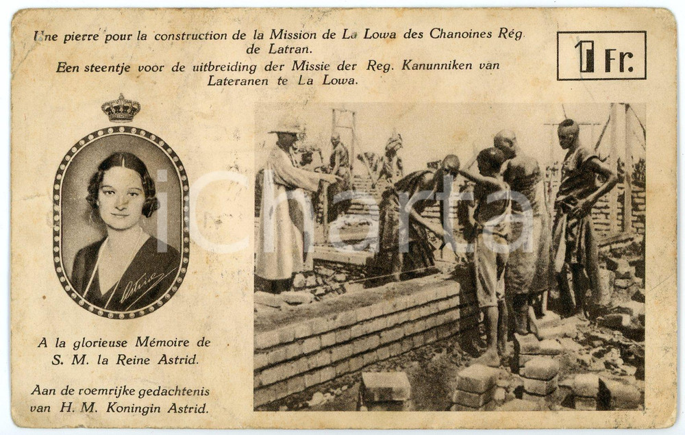 1920 ca LOWA CONGO Mission des Chanoines Rég. de Latran - Reine Astrid *Postcard Cartolina postale d'epoca, viaggiata.CONDIZIONI:VERY POOR (carta lenta, piegature e smussature diffuse, bruniture)FORMATO: FP    originale e autentica 1