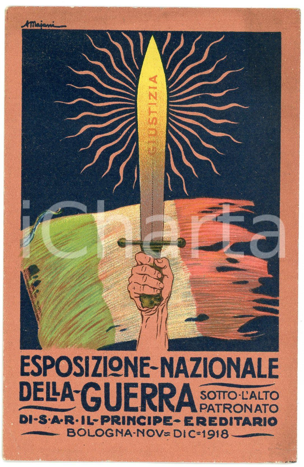 1918 BOLOGNA Esposizione nazionale della guerra - Ill. Augusto MAJANI Cartolina  Cartolina postale d'epoca, illustrata, non viaggiata.CONDIZIONI: FAIR (lievi smussature agli angoli e piccola abrasione al verso)FORMATO: FP    originale e autentica 1