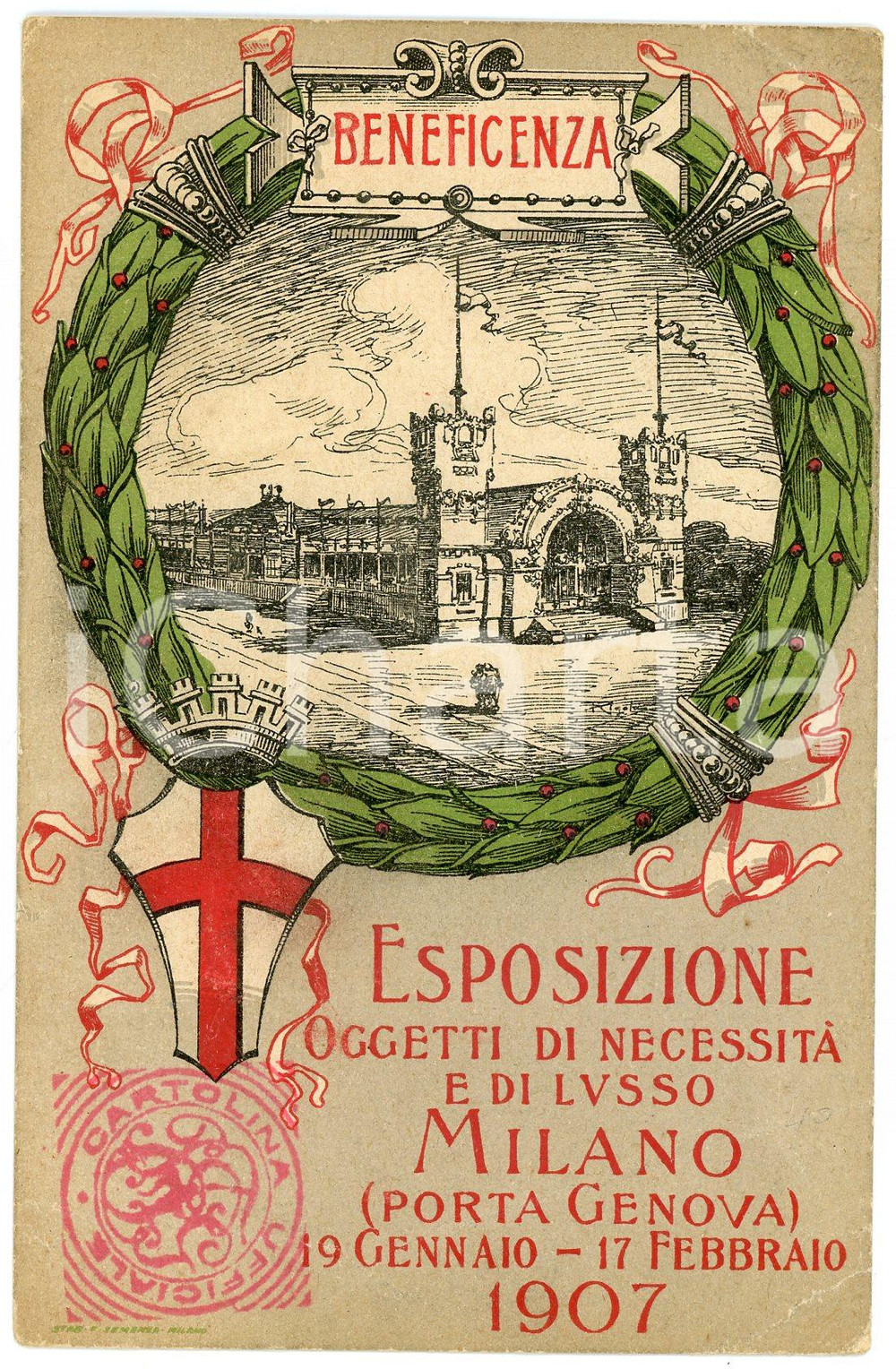 1907 MILANO - PORTA GENOVA Esposizione oggetti di necessità e di lusso Cartolina  Cartolina postale d'epoca, illustrata, viaggiata.CONDIZIONI: VERY POOR (profonde piegature agli angoli inferiori)FORMATO: FP    originale e autentica 1