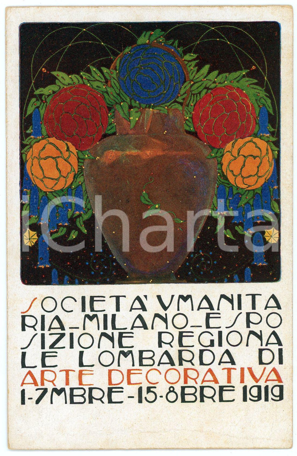 1919 MILANO Società Umanitaria - Esposizione lombarda arte decorativa Cartolina  Cartolina postale d'epoca, non viaggiata.ILLUSTRAZIONE: G. BarrellaCONDIZIONI: FAIR (lievi smussature agli angoli)FORMATO: FP    originale e autentica 1