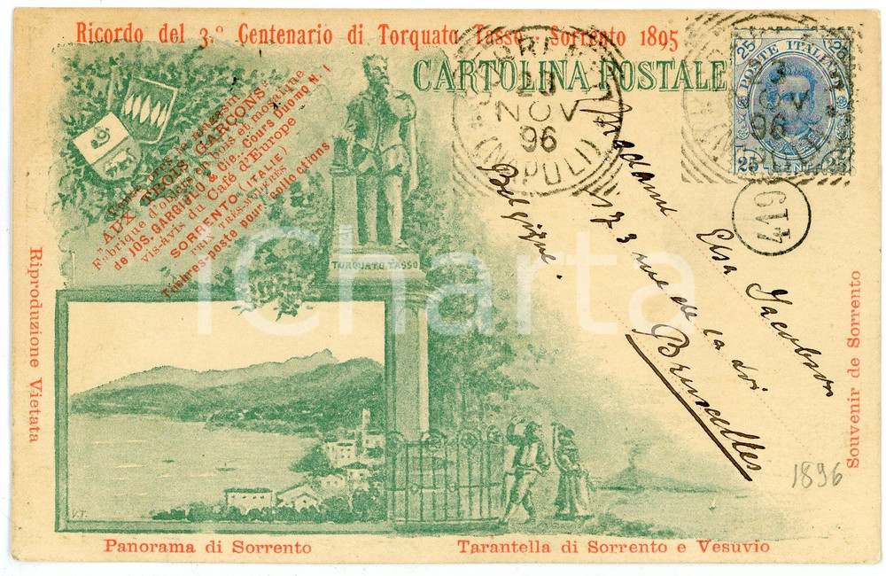 1895 SORRENTO Terzo centenario di Torquato TASSO Cartolina ILLUSTRATA FP VG  Cartolina postale d'epoca, viaggiata.CONDIZIONI: FAIR (lievi smussature agli angoli)FORMATO: FP    originale e autentica 1
