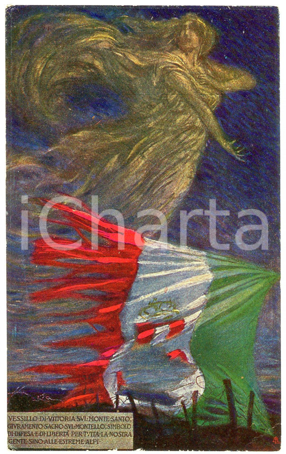 1918 WW1 - TRICOLORE Vessillo di vittoria sul Monte Santo - Cartolina FRANCHIGIA  Cartolina postale d'epoca, illustrata, viaggiata.CONDIZIONI: FAIR (piccole sbrecciature ai margini)FORMATO: FP    originale e autentica 1