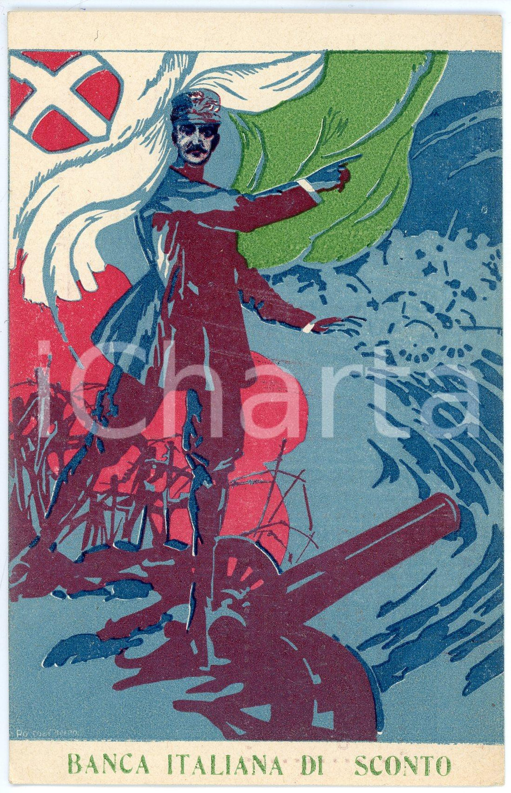 1915 ca WW1 - BANCA ITALIANA DI SCONTO Croce Rossa Italiana - Cartolina FP NV  Cartolina postale d'epoca, non viaggiata. FAIR/discreto Lievi smussature agli angoli Formato: FP originale e autentica 1