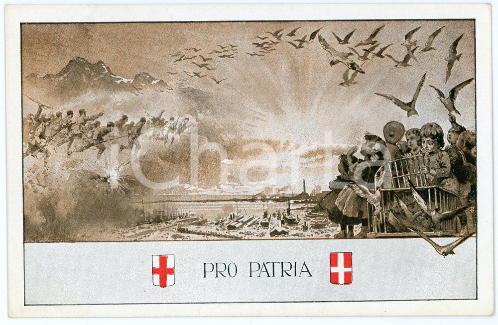 1915 ca WW1 - GRANDE GUERRA I fanciulli di GENOVA salutano i soldati - Cartolina  Cartolina postale d'epoca, non viaggiata.Al verso estratto da un discorso di Augusto Setti.CONDIZIONI: GOODFORMATO: FP    originale e autentica 1
