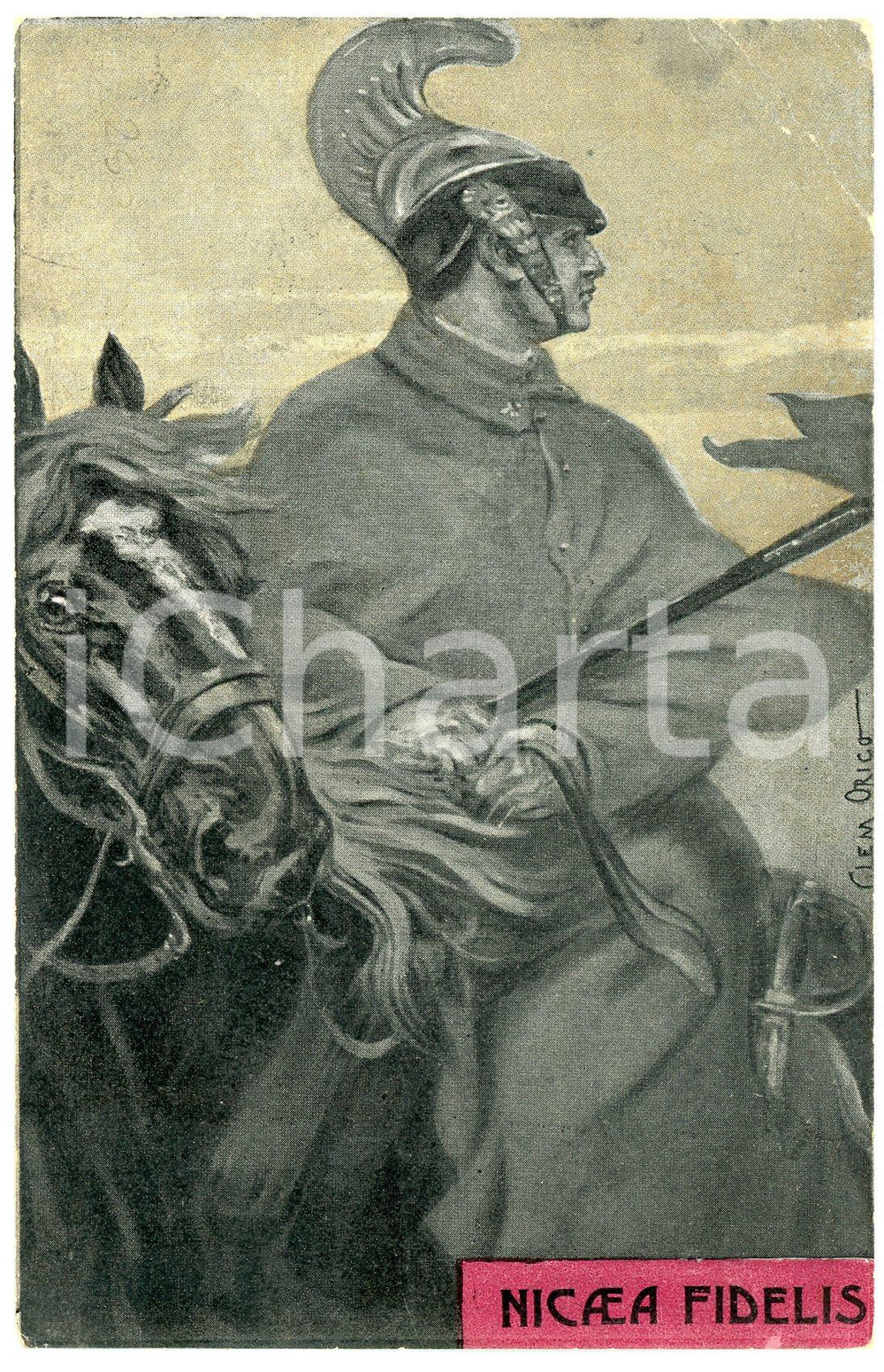 1908 REGIO ESERCITO Reggimento Nizza Cavalleria - Nicaea Fidelis - Cartolina  Cartolina postale d'epoca, viaggiata.Al verso timbro: "Tenente Colonnello De Zigno - Milano"CONDIZIONI: POOR (piegatura all'angolo superiore destro)FORMATO: FP    originale e autentica 1