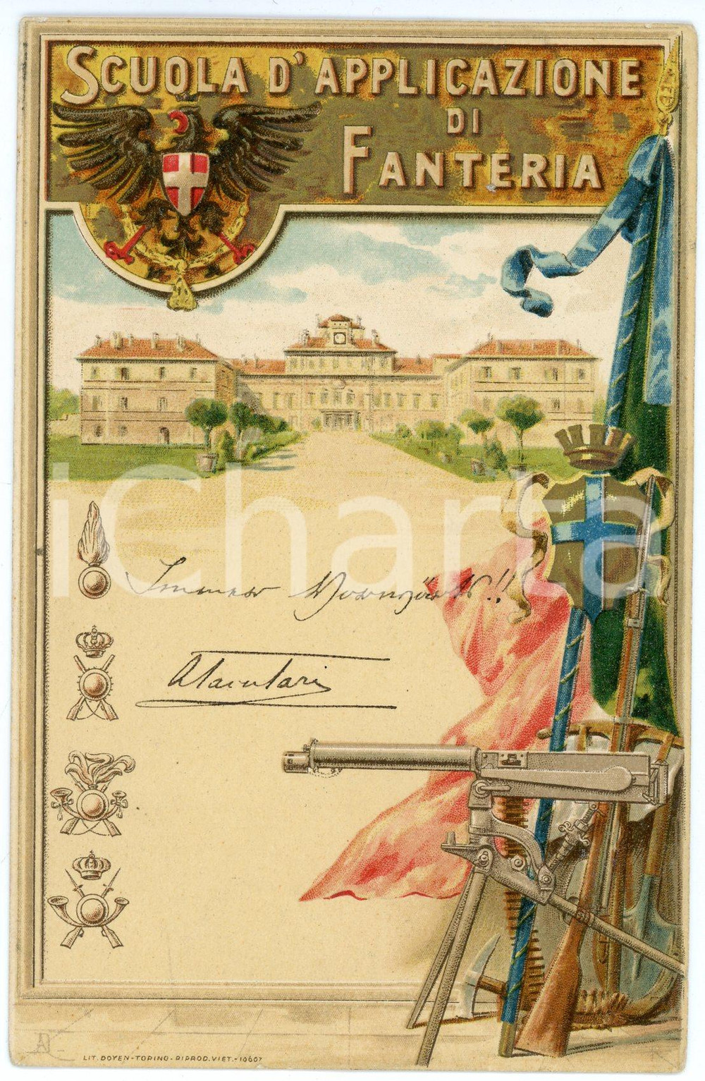 1911 REGIO ESERCITO Scuola d'applicazione di fanteria - Cartolina ILLUSTRATA  Cartolina postale d'epoca, viaggiata.CONDIZIONI: FAIR (lievi smussature agli angoli)FORMATO: FP    originale e autentica 1