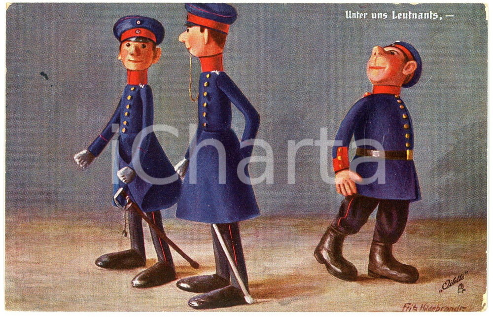 1911 Artist Fritz HILDEBRAND Soldatenpuppen - Unter uns Leutnants - Postkarte  Cartolina postale d'epoca, viaggiata. FAIR/discreto Smussature agli angoli Formato: FP originale e autentica 1