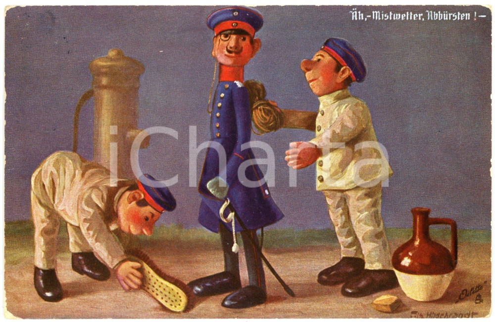 1911 Artist Fritz HILDEBRAND Soldatenpuppen - Mistwetter, abbursten - Postkarte  Cartolina postale d'epoca, viaggiata. FAIR/discreto Smussature agli angoli Formato: FP originale e autentica 1